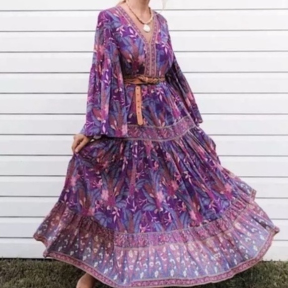 075 Boho Purple Floral Print V neck Cottagecore Dress - Picture 13 of 14